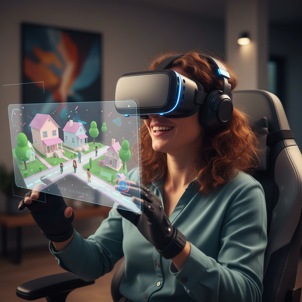 A person wearing a VR headset smiles while exploring a virtual neighborhood