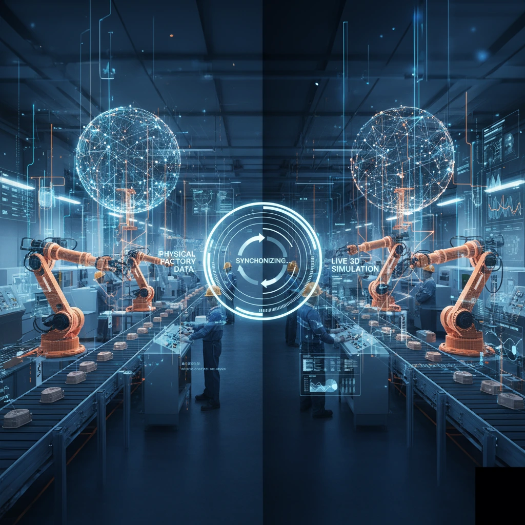 A visual representation of an industrial digital twin synchronizing data between a physical factory floor and a live 3D simulation model