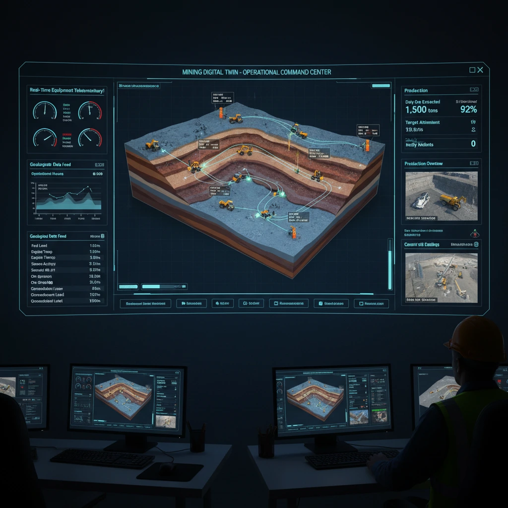 A mining digital twin dashboard showing real-time simulation of equipment movement and geological data