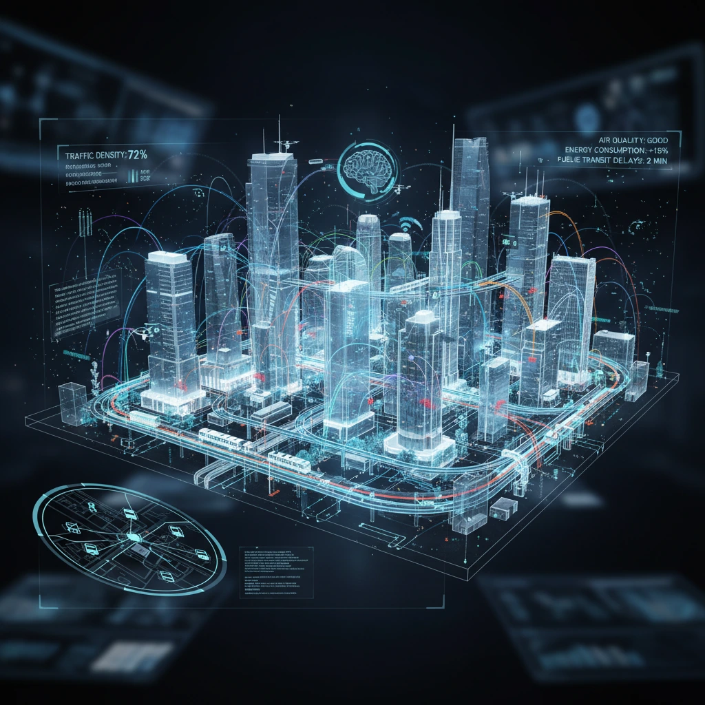 A dynamic 3D visualization of a smart city digital twin showing real-time data flows across transportation networks