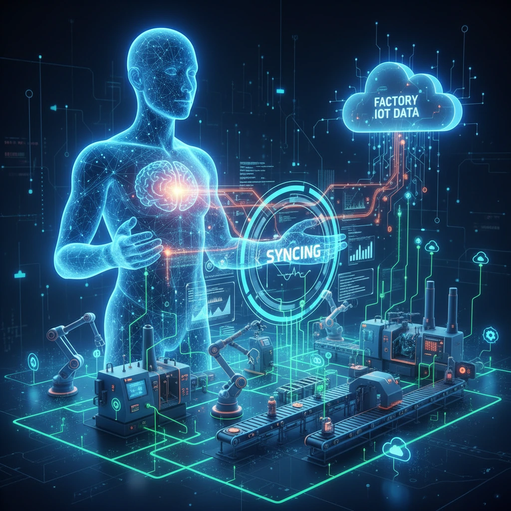 An illustration of an AI-powered digital twin syncing with factory IoT data.
