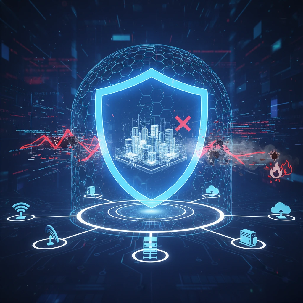 Shield icon protecting a network-connected digital twin model from threats..